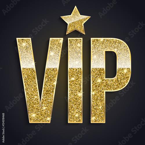 Golden symbol of exclusivity, the label VIP with glitter. Very important person - VIP icon on dark background Sign of exclusivity with bright, Golden glow. Template for vip banners or card