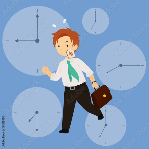 Vector illustration of a business man in hurry for work in rush hour with a toast in his mouth. clock background.