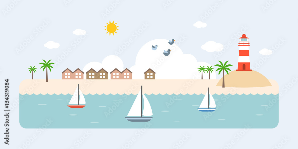 Info graphic and elements of resort, sea, beach and coastal landscapes, flat design vector illustration for travel business