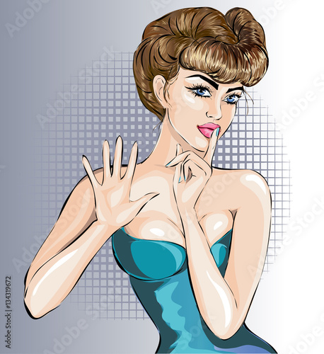 Pin up sexy woman portrait with stop hand signal and silence sign by finger, vector illustration