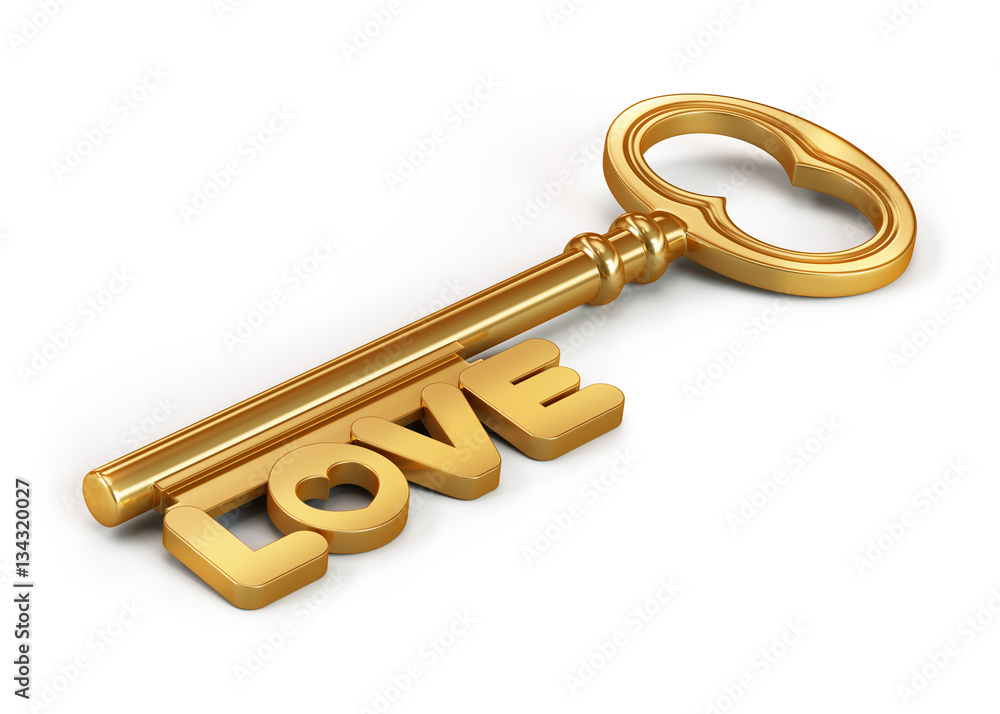 Gold key love isolated on white background. 3d render illustrat Gold key love isolated on white background. 3d render illustrat