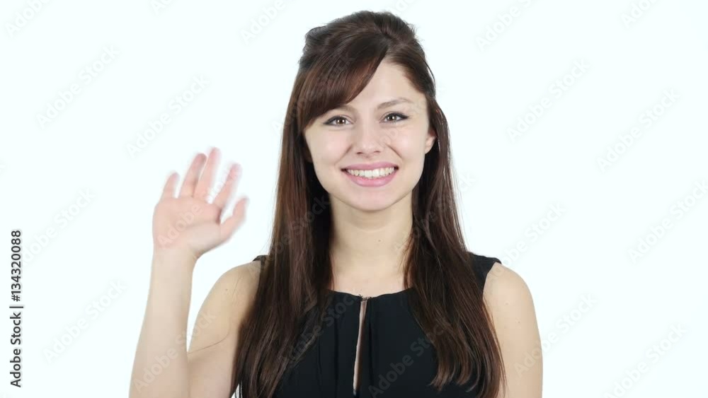 Hello, Young Girl Waving Hand, White Background Hello, Young Girl Waving Hand, White Background