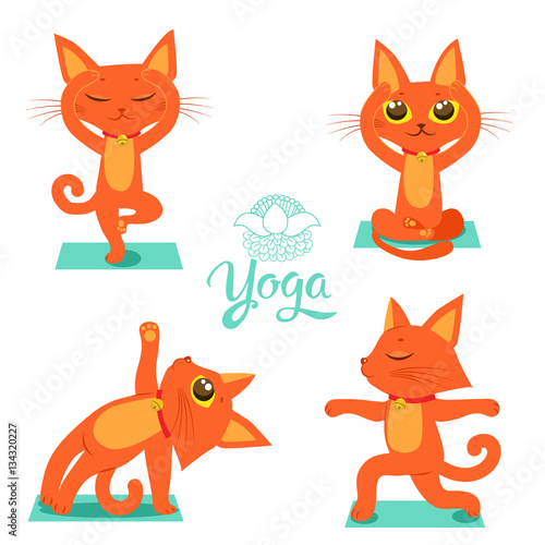 Set Cartoon Funny Cats Icons Doing Yoga Position. Cartoon Meditation Vector. Yoga Pose Vector. Cute Yoga Cat. T-Shirt Print Design. Gymnastics and Health.