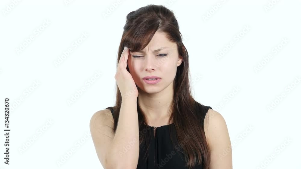 Headache, Upset Tense Young Girl, White Background Headache, Upset Tense Young Girl, White Background