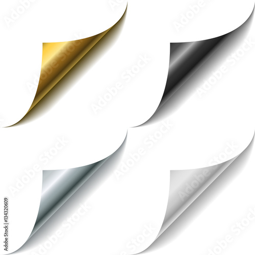 Gold, metal, black and white page corner curls vector template.