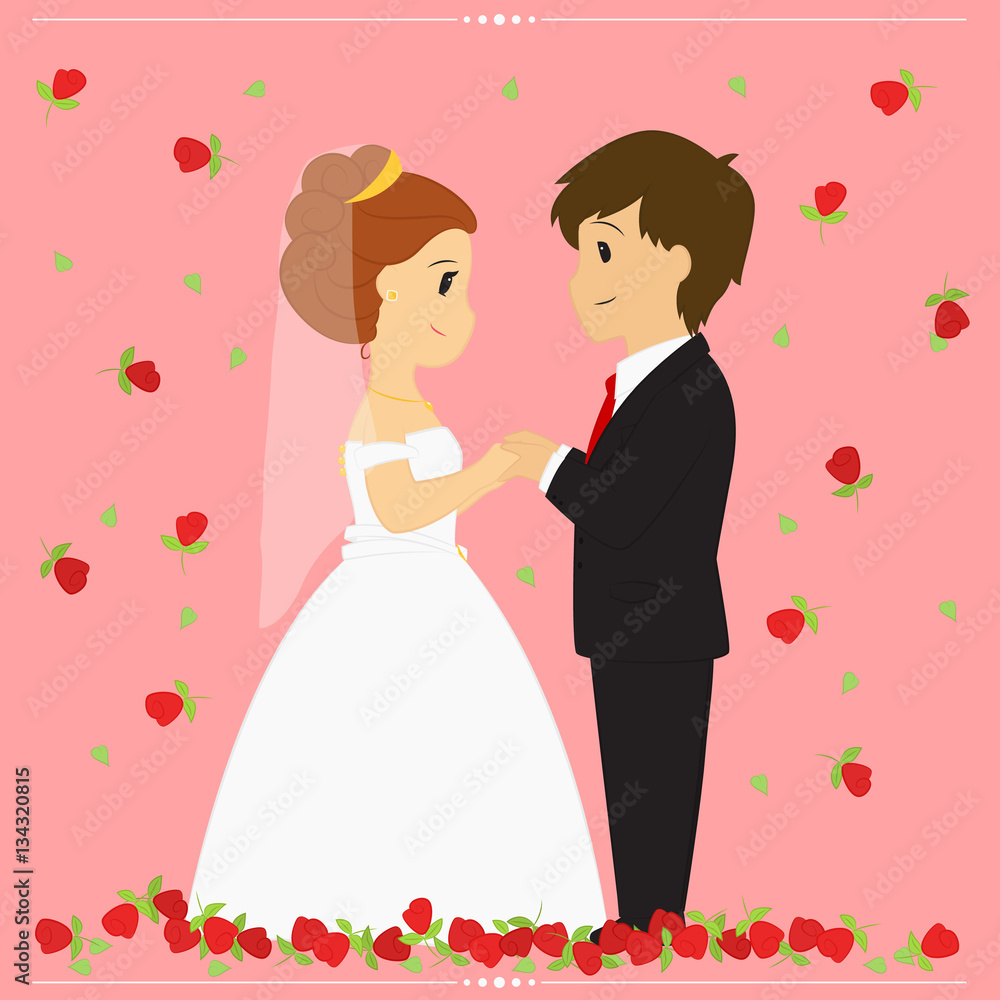Bride and groom vector illustration surrounded by falling red roses on pink background Bride and groom vector illustration surrounded by falling red roses on pink background