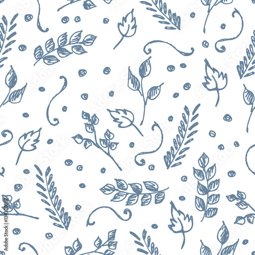 Seamless vector pattern, hand drawn background with flowers, branch, leaves, dots. Hand sketch drawing. Doodle funny style. Series of Hand Drawn seamless childish Patterns. © Valentain Jevee