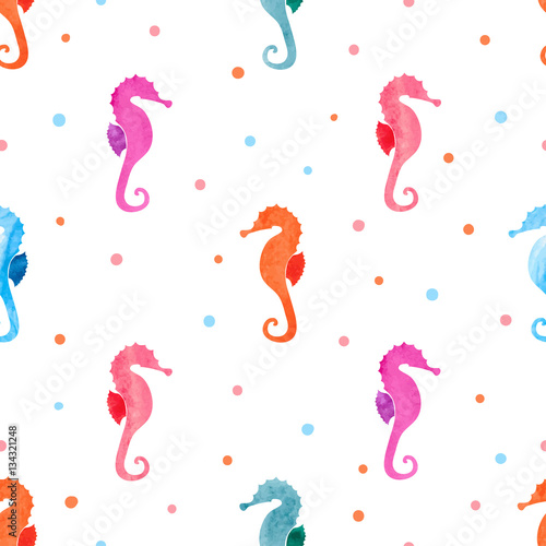 Seamless pattern with watercolor sea horses. Vector colorful seahorse background.
