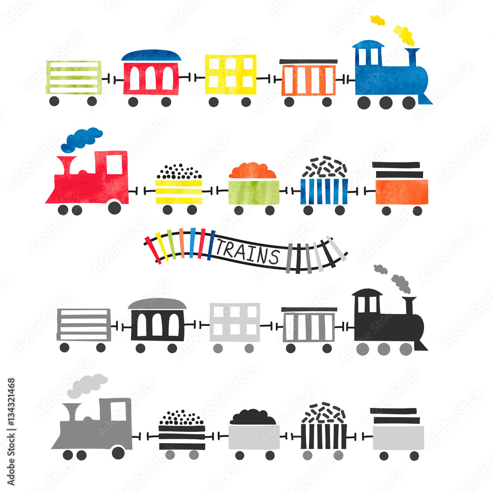 Watercolor toy trains for kids design. Vector illustration. 