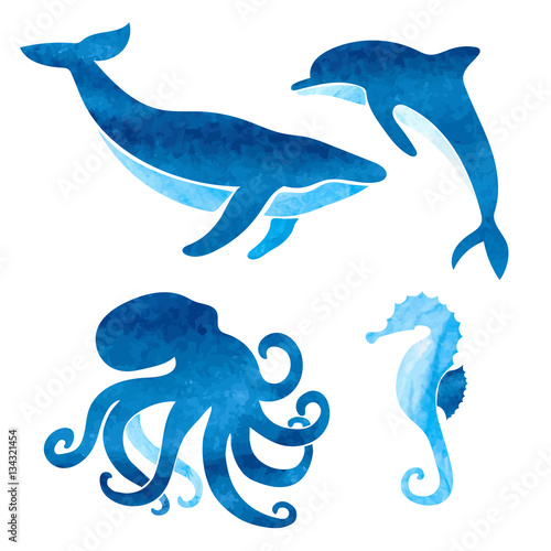 Watercolor sea animals set. Vector nautical illustration of whale, dolphin, octopus, seahorse