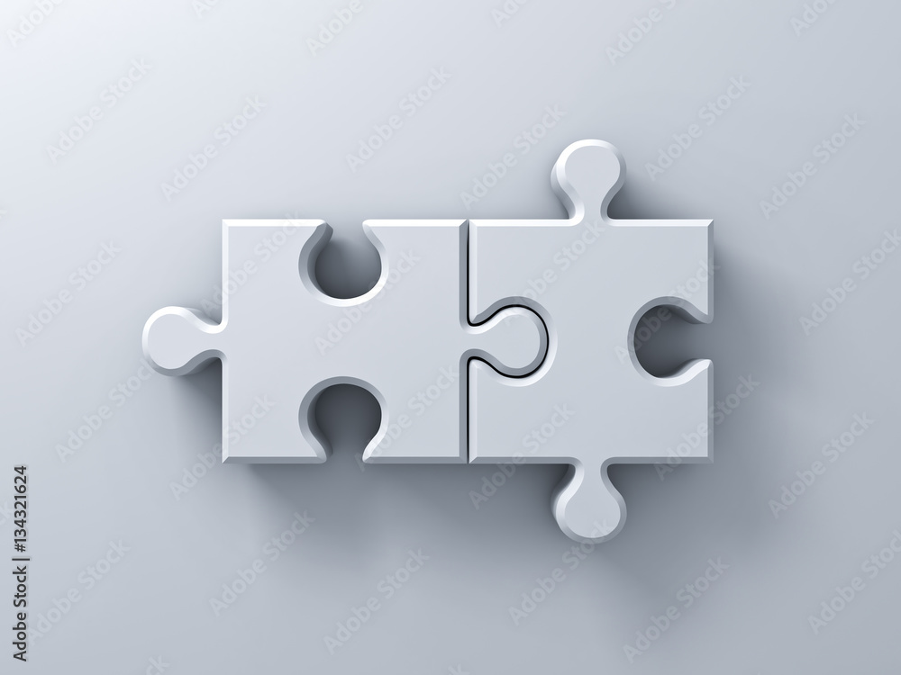 Two 3d white jigsaw puzzle pieces concept on white wall background with ...