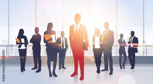 Business People Group Silhouettes Modern Office Building Interior Panoramic Window Vector Illustration