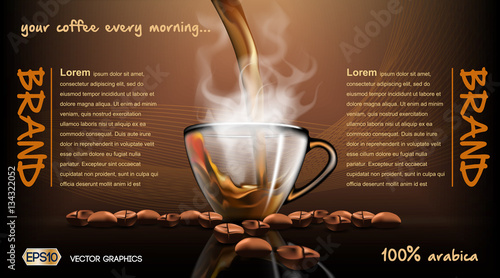 Realistic splash flowing coffee Mockup template for branding, advertise and product designs. Fresh steaming hot drink in a glass transparent cup  Roasted beans