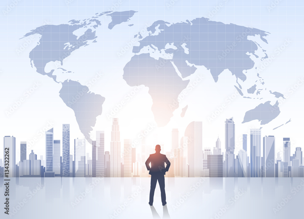 Business Man Silhouette Over City Landscape World Map Modern Office Buildings Vector Illustration Business Man Silhouette Over City Landscape World Map Modern Office Buildings Vector Illustration