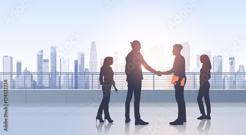 Business People Group Meeting Agreement Hand Shake Silhouettes Modern City View Office Building Vector Illustration