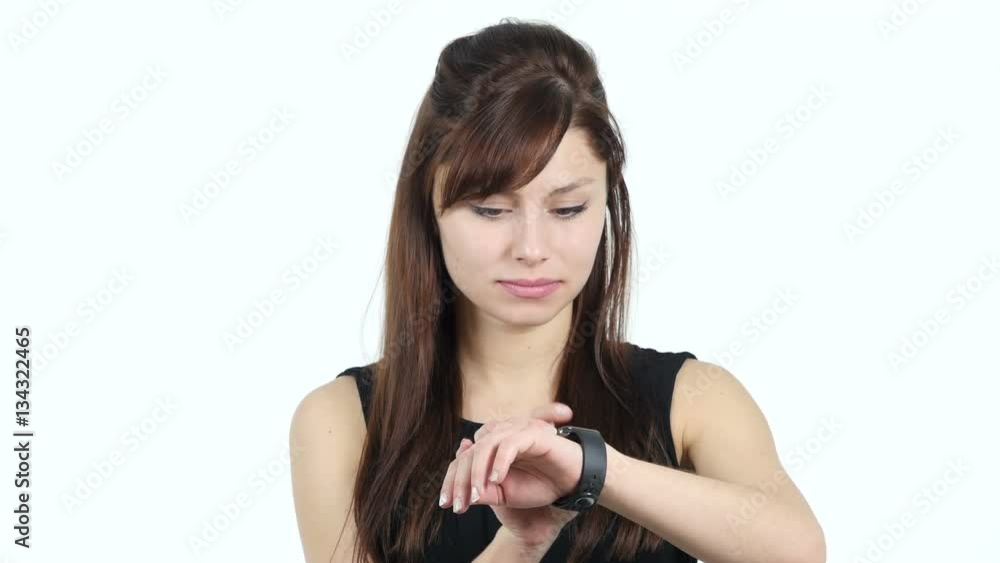 Young Girl Using Smartwatch, White Background Young Girl Using Smartwatch, White Background