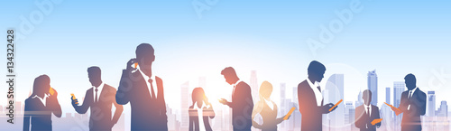 Business People Group Silhouettes Over City Landscape Modern Office Social Network Communication Vector Illustration