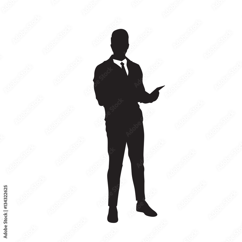 Business Man Black Silhouette Using Cell Smart Phone Full Length Over White Background Vector Illustration Business Man Black Silhouette Using Cell Smart Phone Full Length Over White Background Vector Illustration