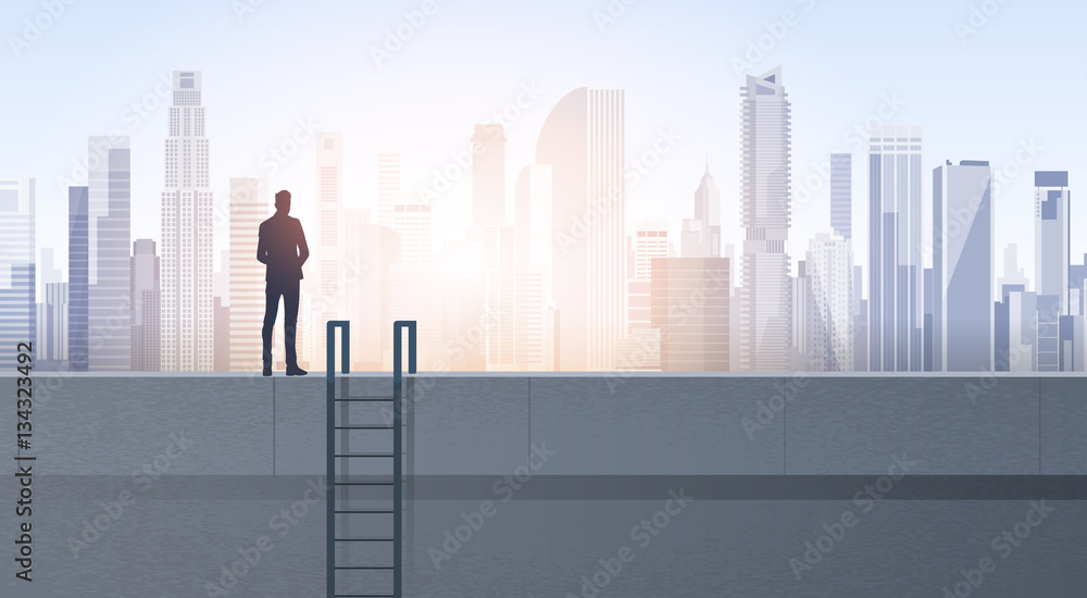Business Man Silhouette On Office Building Roof Over Modern City Landscape Vector Illustration