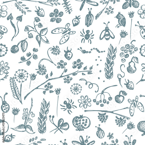 Seamless vector pattern  background with hand drawn cute insects  animals  fruits  flowers  leaves  decorative elements Hand sketch line drawing. doodle style Series of Hand Drawn seamless Patterns.