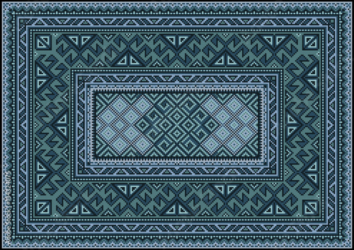 Vintage carpet with ethnic ornament in  green and blue shades


