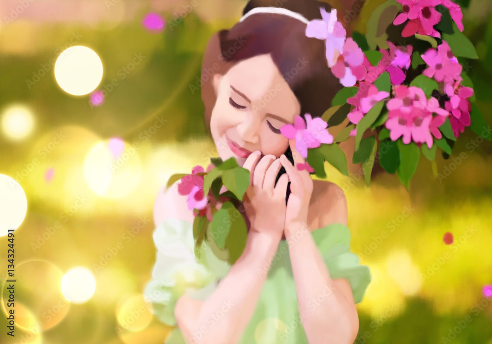 Little girl with japanese cherry tree digital art