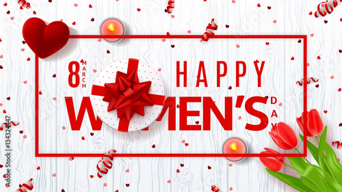 Web greeting banner for Women's Day. Top view on composition with flowers, gift box, case for ring, candles and confetti. Vector illustration with serpentine.