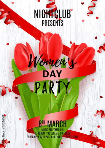 Party poster for Women's Day. Beautiful poster with red tulip and satin ribbon. Vector illustration with serpentine and confetti on wooden texture. Invitation to nightclub.