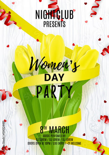 Party flyer for Women's Day. Beautiful poster with yellow tulip and satin ribbon. Vector illustration with serpentine and confetti on wooden texture. Invitation to nightclub.