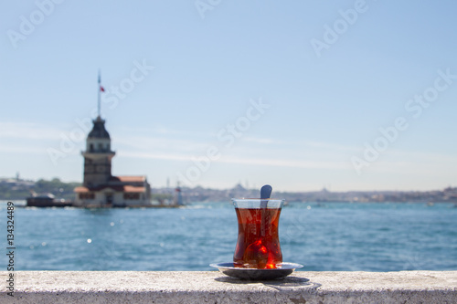 Turkish tea on the background of the Maiden Tower