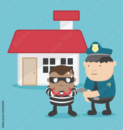 illustration of a thief after steal a home. Police arrested