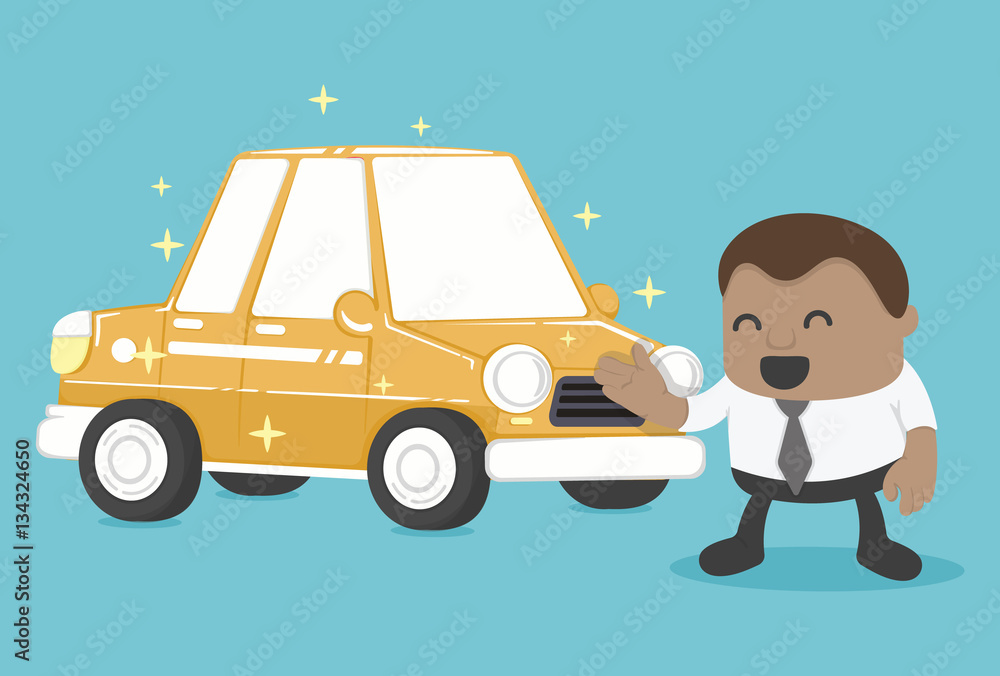 New a car is yellow of African Businessman happy face illustrati New a car is yellow of African Businessman happy face illustrati