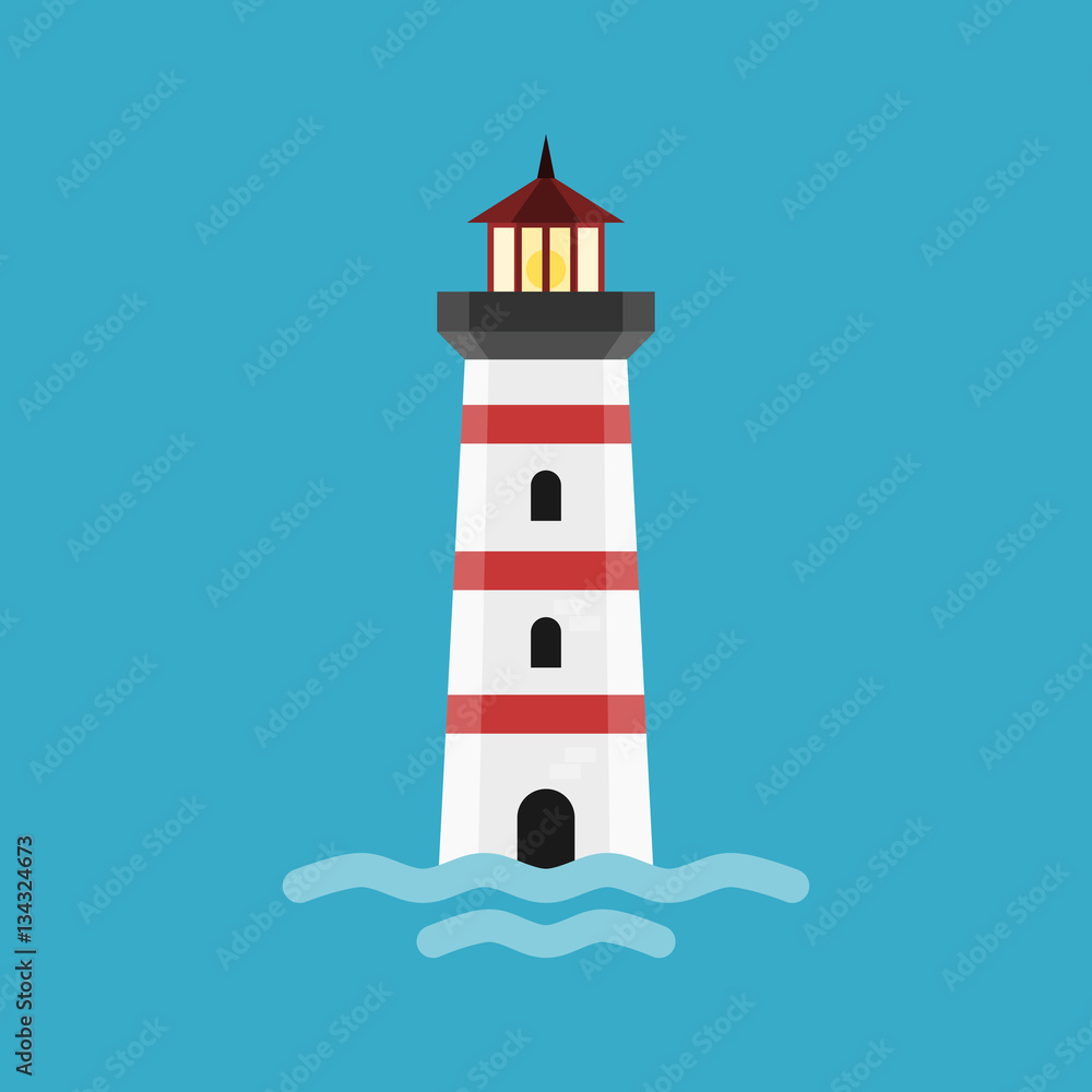 Cartoon lighthouse. The beacon is isolated on blue background. Vector illustration in modern flat design.