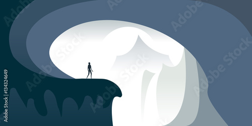  Surreal creative stylized landscape with man standing at the edge of a cliff at the entrance of huge ice cave with mountain peak and waterfall in the distance