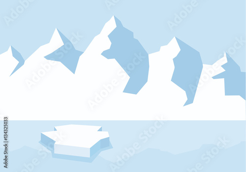 Arctic landscape with icebergs in the ocean vector illustration. Polar landscape with ice floe vector illustration. Snow capped mountains drawing. Winter mountains background