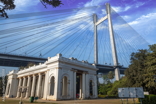 Princep Memorial (ghat) a notable landmark in Kolkata overlooking the Vidyasagar bridge (setu) across river Hooghly. photo