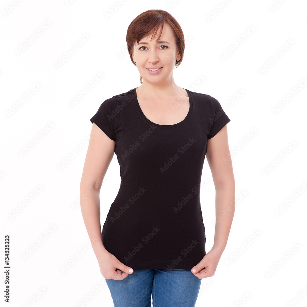 Shirt design and people concept - close up of woman in blank black t-shirt front isolated. Clean empty mock up template for design. Shirt design and people concept - close up of woman in blank black t-shirt front isolated. Clean empty mock up template for design.