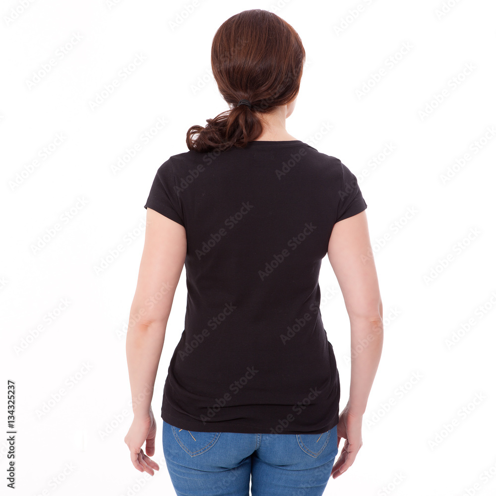 Shirt design and people concept - close up of woman in blank black t-shirt rear isolated. Clean empty mock up template for design. Shirt design and people concept - close up of woman in blank black t-shirt rear isolated. Clean empty mock up template for design.