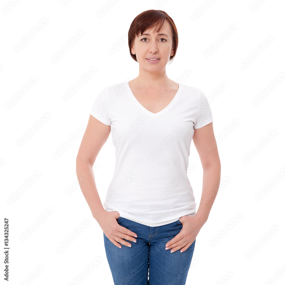 Shirt design and people concept - close up of woman in blank white t-shirt front isolated. Clean empty mock up template for design. Shirt design and people concept - close up of woman in blank white t-shirt front isolated. Clean empty mock up template for design.