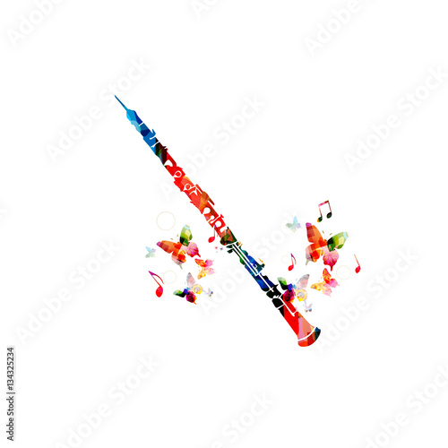 Valokuvatapetti Colorful cassical flute with music notes and butterflies isolated