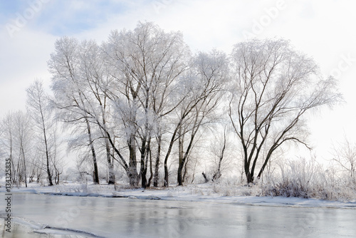 Landscape with frozen water  ice and snow on the Dnieper river in Kiev  Ukraine  during winter