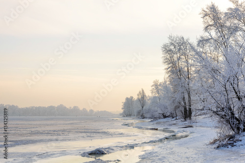 Trees covered by frost, ice and snow close to the Dnieper River in Kiev, Ukraine, during winter © Maxal Tamor