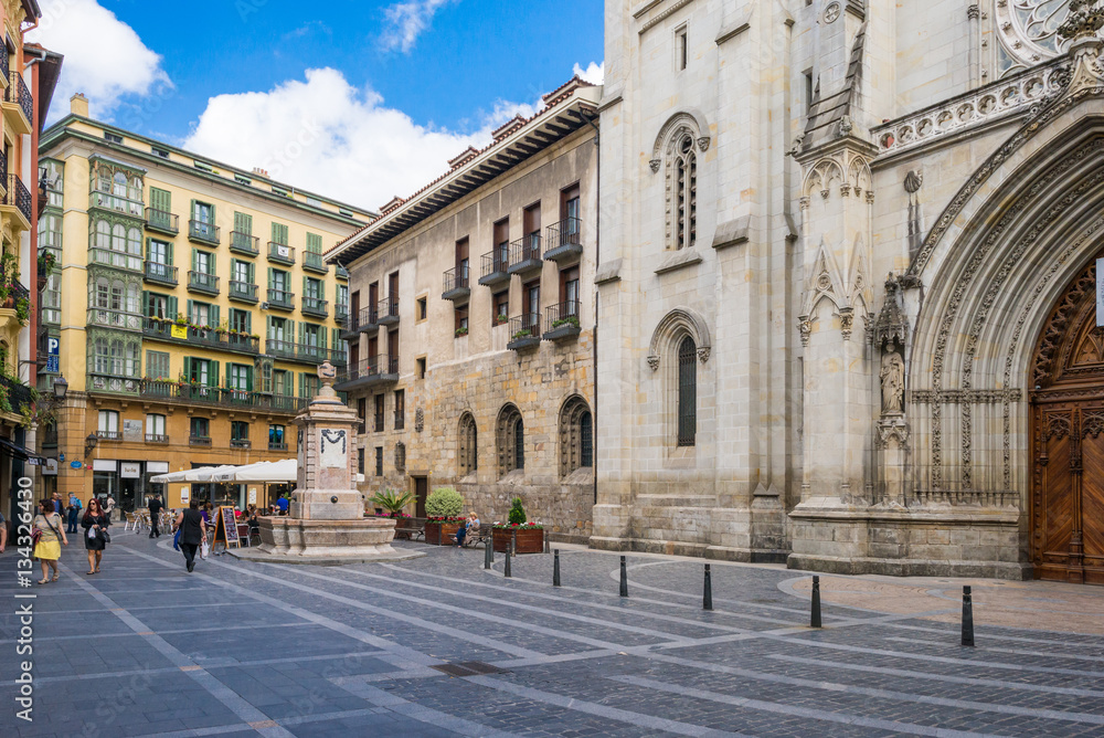 The St. James square, basque, Done Jakue plaza in the old town of Bilbao. it is a medieval neighbourhood in the Casco Viejo with the Cathedral of Bilbao