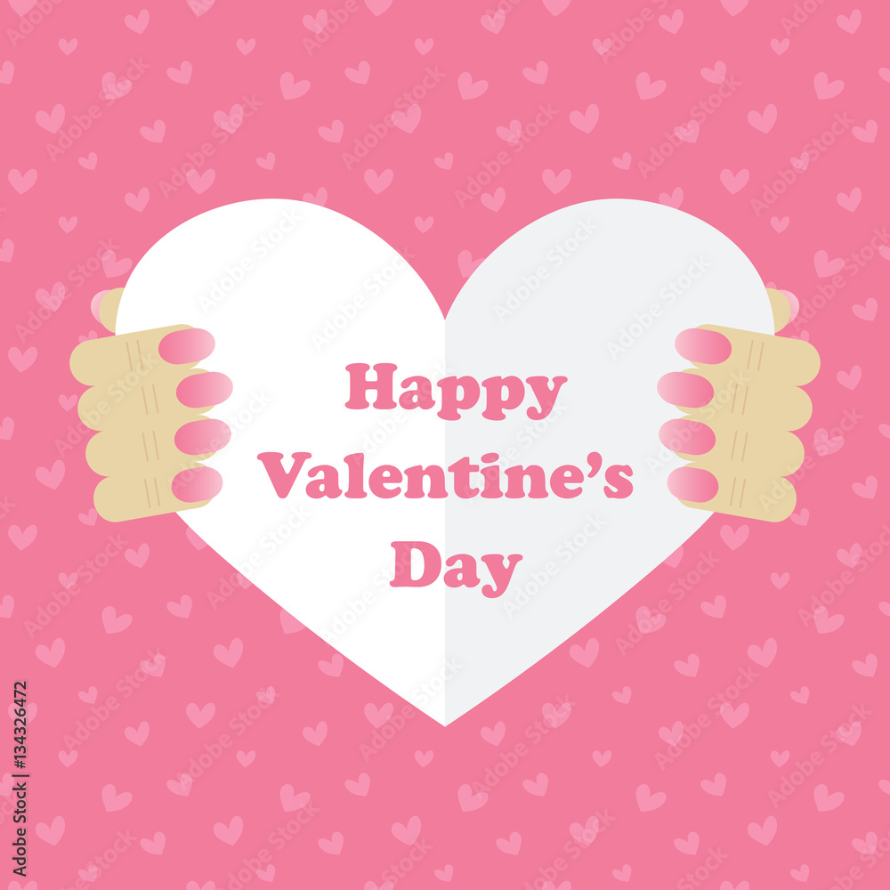 Woman's hands with ombre nails holding Happy Valentine's Day card in front of romantic pink seamless pattern background with hearts.