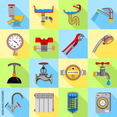 Plumber symbols icons set, flat style