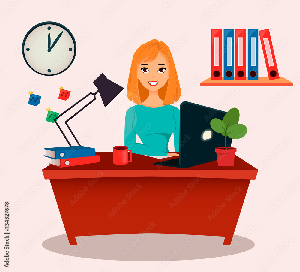 Business woman, office worker. Beautiful young girl sitting at the table,  working with a laptop. Cartoon cute design. Flat style. Colorful vector  illustration. Stock Vector | Adobe Stock