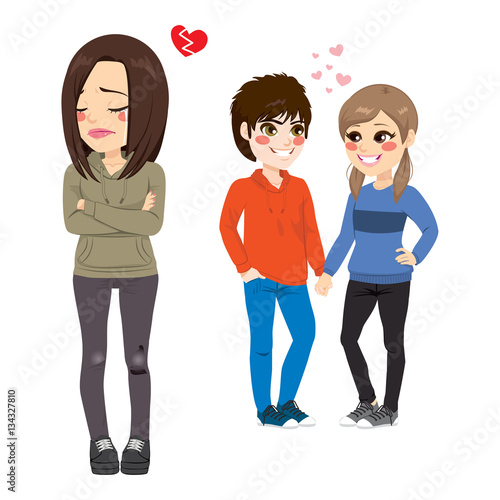 Cute teenager girl with broken heart seeing her friends in love holding hands
