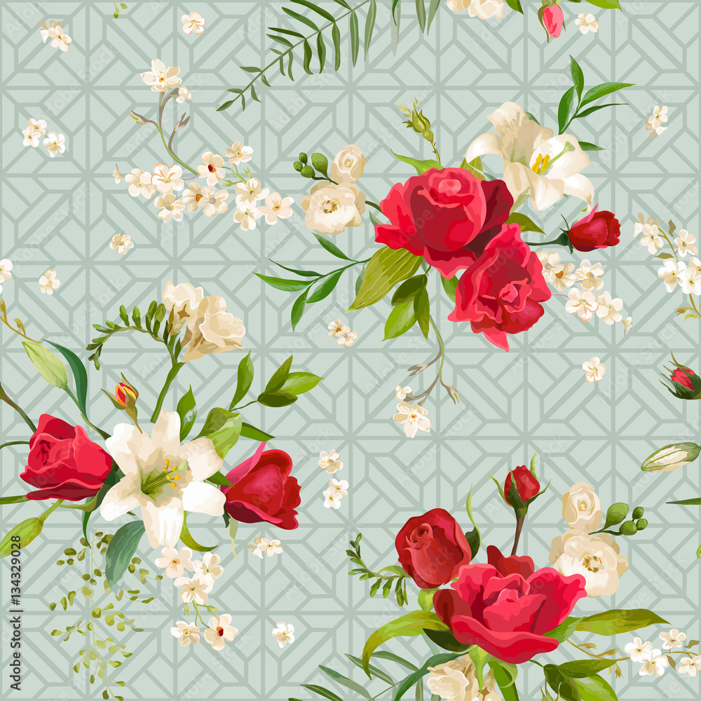 Rose and Lilly Flowers Background. Vector Seamless Floral Pattern