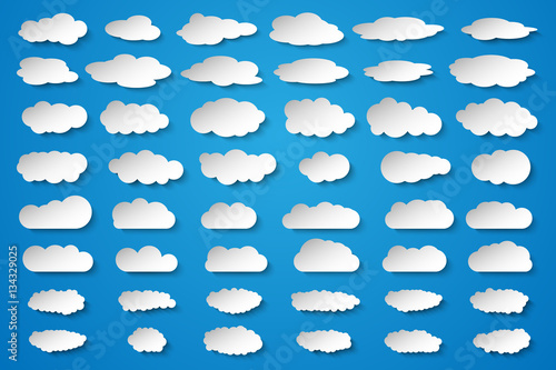 Clouds vector big set. White icons on blue background.