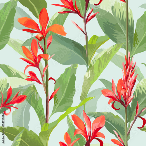 Fototapeta Naklejka Na Ścianę i Meble -  Tropical Leaves and Flowers Background. Seamless Pattern in Vector